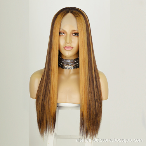 Aisi Beauty wholsale premium soft straight blonde mix brown cheap fiber synthetic hair wigs with highlights lace front